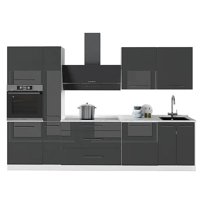 Vicco Küchenzeile - Breite: 310 cm, Anthrazit Hochglanz, Ohne Elektrogeräte - Moderne, dunkelgraue Hochglanzküche mit integriertem Backofen, Kochfeld, Dunstabzugshaube und Spüle.