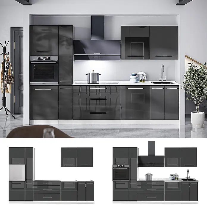 Vicco Küchenzeile - Breite: 310 cm, Anthrazit Hochglanz, Ohne Elektrogeräte - Moderne dunkelgraue Hochglanz-Küchenzeile mit integriertem Backofen, Kochfeld, Dunstabzug und Spüle in zeitgemäßer Umgebung.