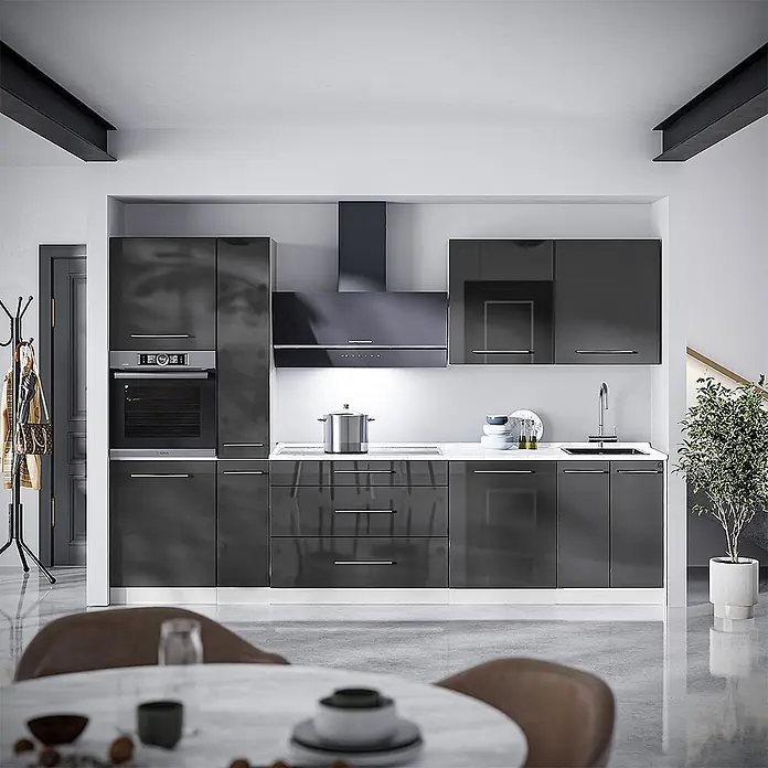 Vicco Küchenzeile - Breite: 310 cm, Anthrazit Hochglanz, Ohne Elektrogeräte - Moderne Küche mit dunkelgrauen Hochglanzschränken, integriertem Backofen und Dunstabzugshaube in einem modernen Interieur.