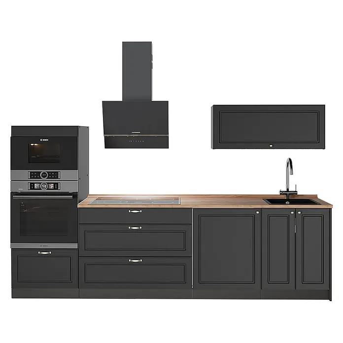 Vicco Küchenzeile - Breite: 280 cm, Anthrazit-Gold Landhaus, Ohne Elektrogeräte - Moderne dunkelgraue Küchenzeile mit integriertem Backofen, Mikrowelle, Kochfeld, Spüle und Dunstabzugshaube sowie heller Holzplatte.