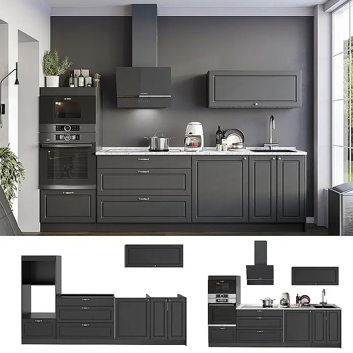 Vicco Küchenzeile - Breite: 280 cm, Anthrazit-Gold Landhaus, Ohne Elektrogeräte - Dunkelgraue Küchenzeile mit Backofen, Dunstabzug, Spüle und Schränken, ergänzt durch eine helle Arbeitsplatte.