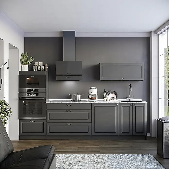 Vicco Küchenzeile - Breite: 280 cm, Anthrazit-Gold Landhaus, Ohne Elektrogeräte - Moderne dunkelgraue Küche mit integrierten Öfen, Dunstabzugshaube, Spüle und heller Arbeitsplatte.