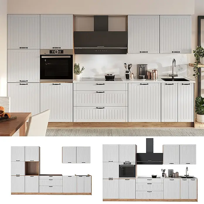 Vicco Küchenzeile - Breite: 340 cm, Weiß Landhaus, Ohne Elektrogeräte - Weiße Modulküche mit Holzsockel, schwarzen Griffen, integriertem Backofen, Kochfeld und Spüle.