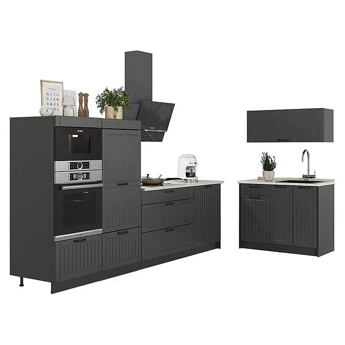 Vicco Küchenzeile - Breite: 380 cm, Dunkelgrau, Ohne Elektrogeräte - Dunkelgraue modulare Küchenzeile mit Paneeltüren, Einbaugeräten und separatem Spülbeckenunterschrank.