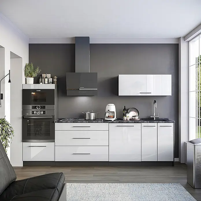 Vicco Küchenzeile - Weiß Hochglanz, Ohne Elektrogeräte - Moderne Küche mit glänzenden weißen Schränken, dunklen Arbeitsplatten und integrierten Geräten.