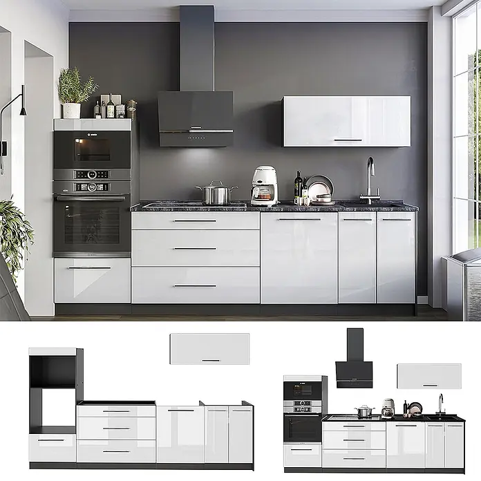 Vicco Küchenzeile - Weiß Hochglanz, Ohne Elektrogeräte - Moderne Hochglanz-Einbauküche in Weiß mit dunkler Arbeitsplatte, Sockel und integrierten Geräten.