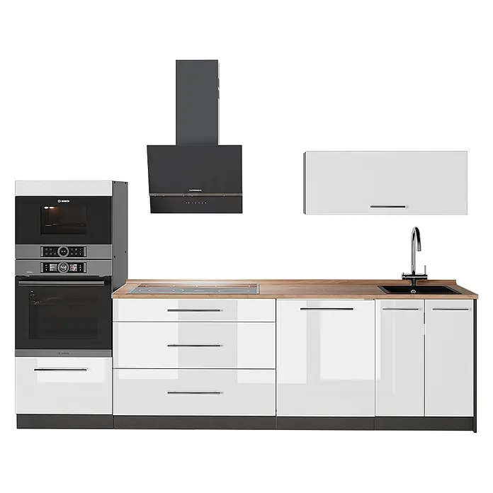 Vicco Küchenzeile - Breite: 280 cm, Weiß Hochglanz, Ohne Elektrogeräte - Moderne Küche mit Bosch-Öfen, schwarzer Dunstabzugshaube, weißen Hochglanzschränken und Holzarbeitsplatte mit Induktionskochfeld und Spüle.