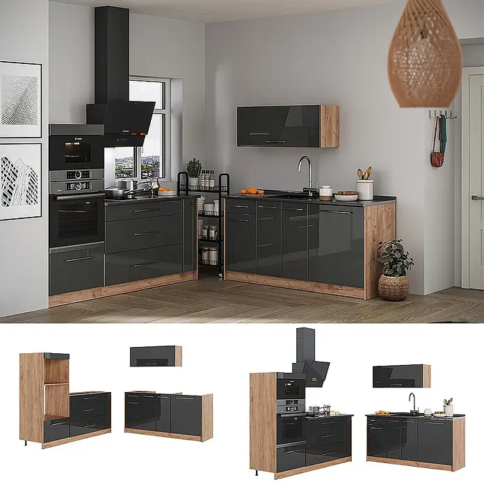 Vicco Küchenzeile - Breite: 340 cm, Anthrazit Hochglanz, Ohne Elektrogeräte - Moderne L-förmige Küche mit hochglänzenden dunkelgrauen Schränken und hellen Holzakzenten, inkl. Geräten und Spüle.