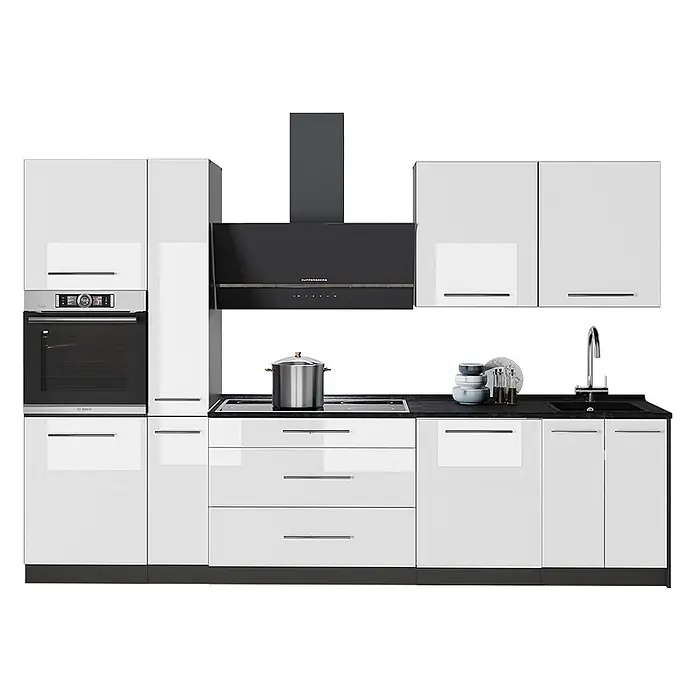 Vicco Küchenzeile - Weiß Hochglanz, Ohne Elektrogeräte - Moderne, hochglanzweiße Küchenzeile mit schwarzer Arbeitsplatte und integrierten Geräten wie Backofen, Kochfeld, Dunstabzugshaube und Spüle.