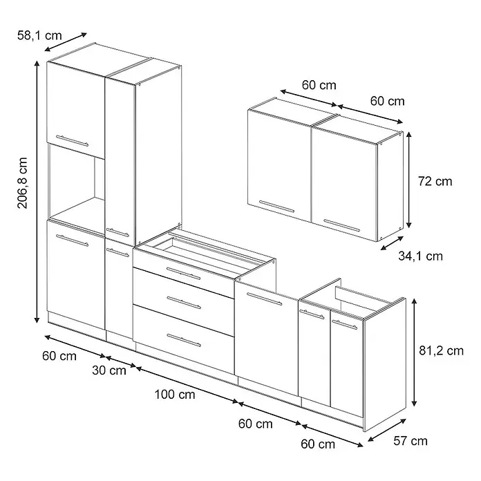 Vicco Küchenzeile - Breite: 310 cm, Anthrazit Hochglanz, Ohne Elektrogeräte - Technische Zeichnung einer modularen Küchenzeile mit Hochschränken, Unterschränken und Oberschränken, inklusive detaillierter Bemaßungen.