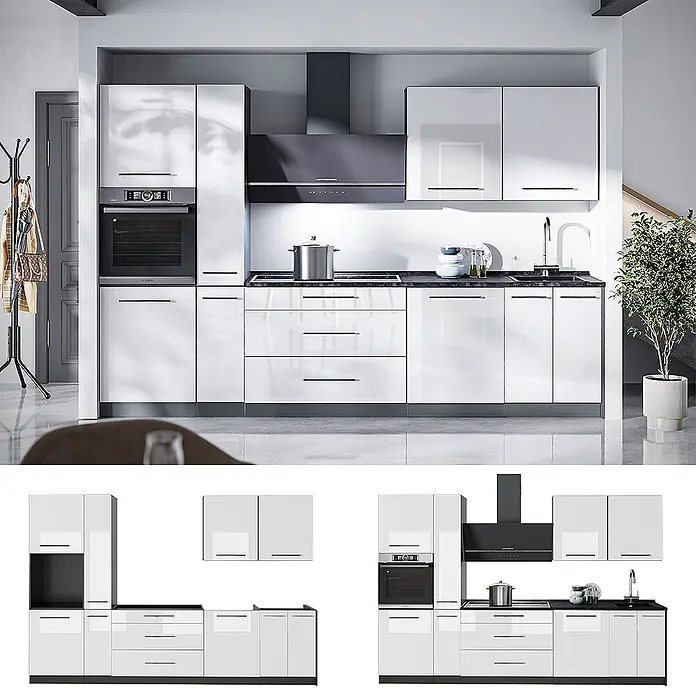 Vicco Küchenzeile - Weiß Hochglanz, Ohne Elektrogeräte - Moderne weiße Hochglanz-Küchenzeile mit schwarzen Arbeitsplatten, integriertem Backofen, Kochfeld, Spüle und Dunstabzugshaube in zeitgenössischem Interieur.
