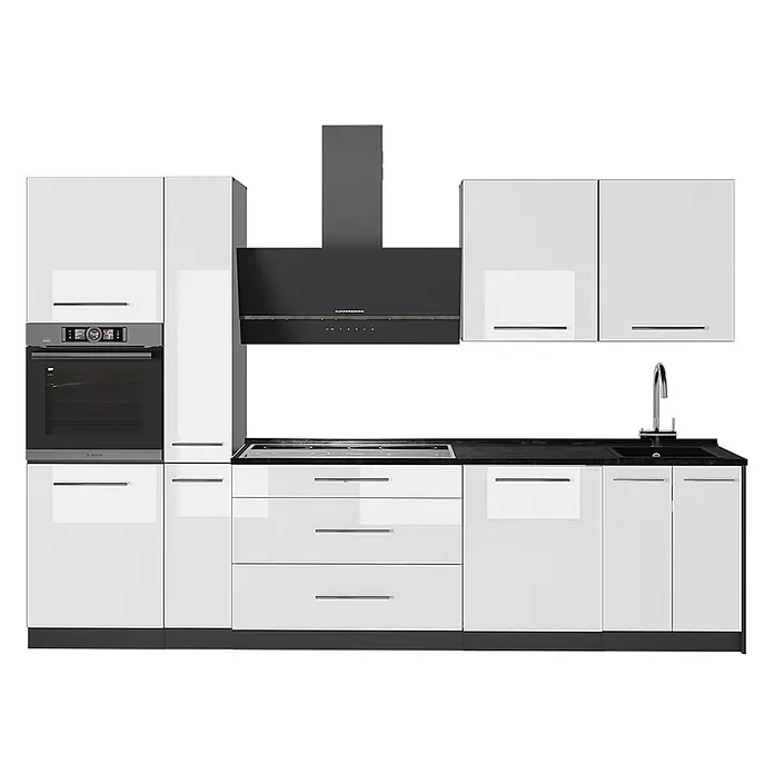 Vicco Küchenzeile - Weiß Hochglanz, Ohne Elektrogeräte - Moderne Modulküche mit weißen Hochglanzschränken, schwarzer Arbeitsplatte, integriertem Backofen, Kochfeld, Spüle und Dunstabzugshaube.