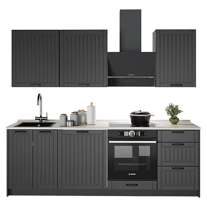 Vicco Küchenzeile - Breite: 230 cm, Dunkelgrau, Ohne Elektrogeräte - Dunkelgraue Küchenzeile mit Paneel-Schränken, heller Arbeitsplatte, schwarzer Spüle, Ofen und Dunstabzugshaube.