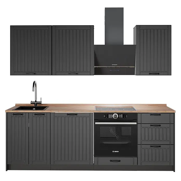 Vicco Küchenzeile - Breite: 230 cm, Dunkelgrau, Ohne Elektrogeräte - Dunkelgraue modulare Küche mit Holzarbeitsplatte, Spüle, Armatur, Bosch Backofen und Kuppersberg Dunstabzugshaube.