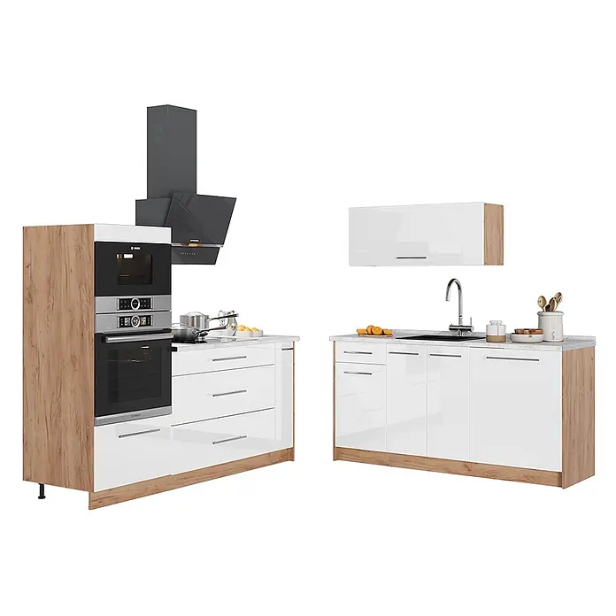 Vicco Küchenzeile - Weiß Hochglanz, Ohne Elektrogeräte - Moderne Küchenzeile mit weißen Hochglanzschränken, Holzdetails, Einbaubackofen, Mikrowelle, Spüle und Dunstabzugshaube.
