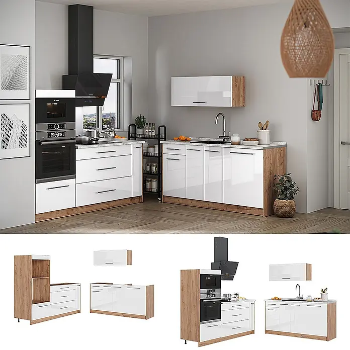 Vicco Küchenzeile - Weiß Hochglanz, Ohne Elektrogeräte - Moderne L-förmige Küchenzeile mit glänzend weißen Fronten, Holzoptik-Sockel und integrierten Geräten.