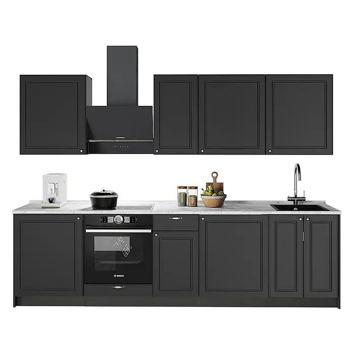 Vicco Küchenzeile - Breite: 280 cm, Anthrazit-Gold Landhaus, Ohne Elektrogeräte - Dunkelgraue Küche mit Rahmenfronten, Backofen, Kochfeld, Dunstabzug und Spüle. Mit heller Marmorarbeitsplatte.