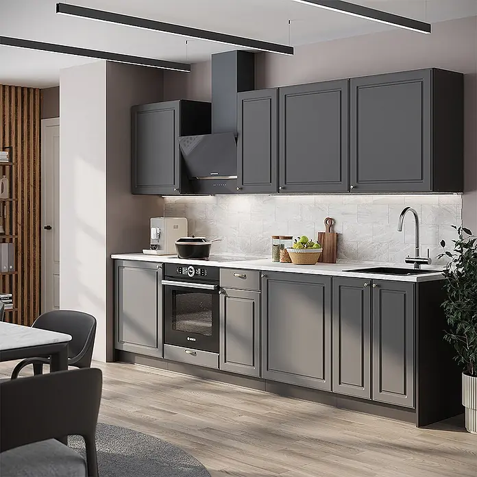 Vicco Küchenzeile - Breite: 280 cm, Anthrazit-Gold Landhaus, Ohne Elektrogeräte - Eine moderne Küche mit dunkelgrauen Schränken im Shaker-Stil, weißer Arbeitsplatte, Einbauofen und Spüle, beleuchtet.