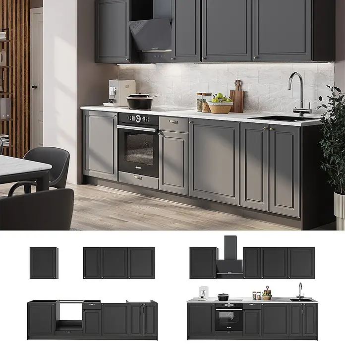 Vicco Küchenzeile - Breite: 280 cm, Anthrazit-Gold Landhaus, Ohne Elektrogeräte - Dunkelgraue Küchenschrank-Garnitur mit integriertem Ofen und Spüle, in einer modernen Küche gezeigt.