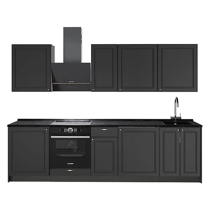 Vicco Küchenzeile - Breite: 280 cm, Anthrazit-Gold Landhaus, Ohne Elektrogeräte - Komplette schwarze Küche mit Ober- und Unterschränken, integriertem Ofen, Kochfeld, Dunstabzugshaube und Spüle.