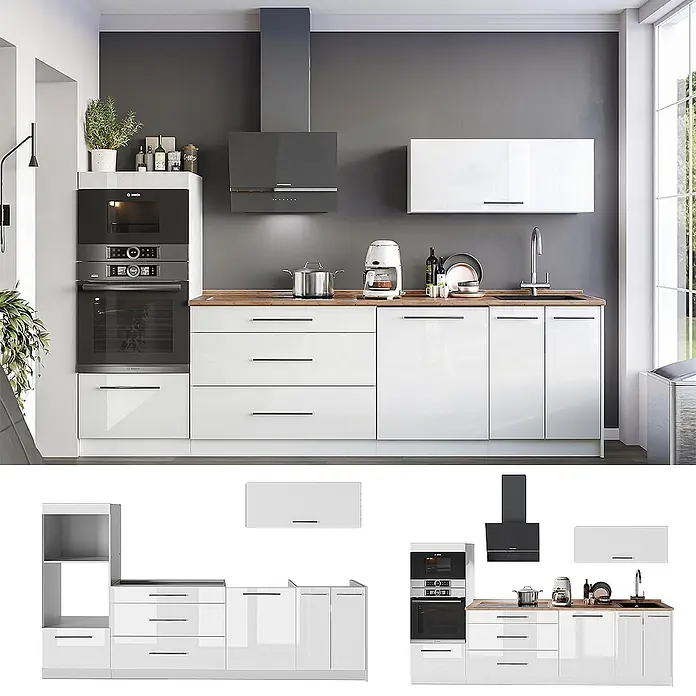 Vicco Küchenzeile - Weiß Hochglanz, Ohne Elektrogeräte - Moderne weiße Hochglanzküche mit Holztheke, integrierten Öfen, Kochfeld, Spüle und Dunstabzugshaube.