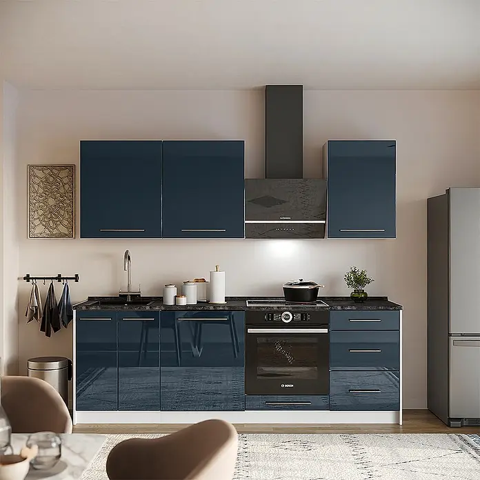 Vicco Küchenzeile - Breite: 230 cm, Dunkelblau Hochglanz, Ohne Elektrogeräte - Moderne, dunkelblaue Hochglanz-Küchenschränke mit schwarzer Arbeitsplatte und Einbaugeräten.