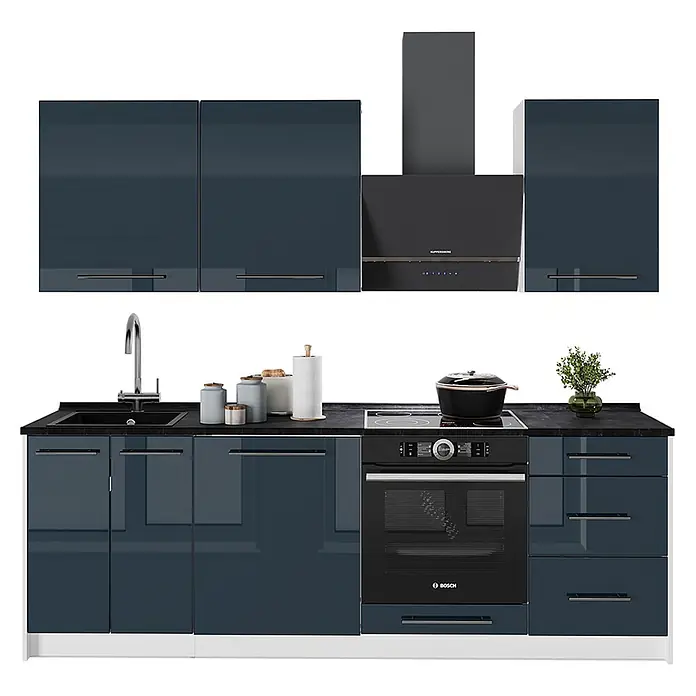 Vicco Küchenzeile - Breite: 230 cm, Dunkelblau Hochglanz, Ohne Elektrogeräte - Moderne Küchenzeile mit dunkelblauen Hochglanzschränken, schwarzer Arbeitsplatte, Spüle, Kochfeld, Backofen und Dunstabzugshaube.