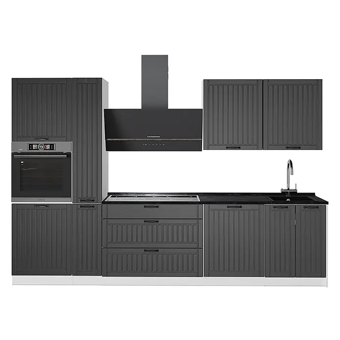 Vicco Küchenzeile - Breite: 310 cm, Dunkelgrau, Ohne Elektrogeräte - Dunkelgraue Küchenmöbel mit geriffelten Türen, integriertem Backofen, Kochfeld, Spüle und Dunstabzugshaube. Mit schwarzer Arbeitsplatte.