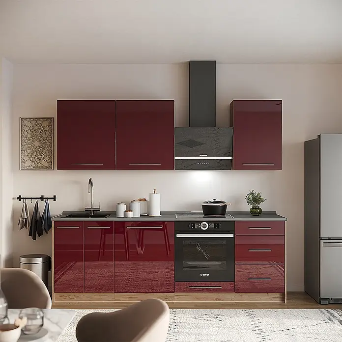 Vicco Küchenzeile - Bordeaux Hochglanz, Ohne Elektrogeräte - Moderne Küchenzeile mit glänzend dunkelroten Schränken, dunkler Arbeitsplatte, integriertem Backofen und Spüle.