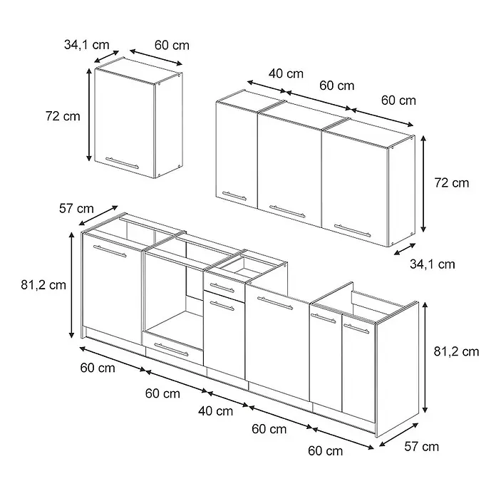 Vicco Küchenzeile - Breite: 280 cm, Dunkelgrau, Ohne Elektrogeräte - Weiße modulare Küchenschränke mit Hänge- und Unterschränken, inklusive genauer Bemaßung.