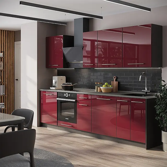 Vicco Küchenzeile - Bordeaux Hochglanz, Ohne Elektrogeräte - Moderne Küche mit glänzenden roten Schränken, schwarzen Arbeitsplatten und Spritzschutz. Mit Einbauofen, Spüle und Dunstabzugshaube.