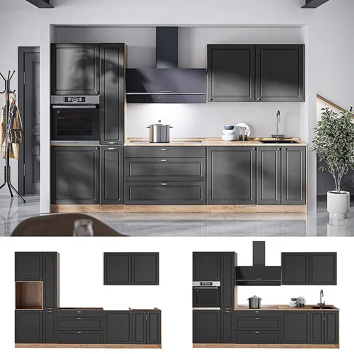 Vicco Küchenzeile - Breite: 310 cm, Anthrazit-Gold Landhaus, Ohne Elektrogeräte - Dunkelgraue Küchenschränke mit Holzoptik-Elementen, inklusive Backofen, Kochfeld, Spüle und Dunstabzugshaube.