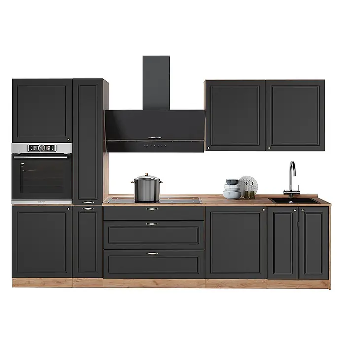 Vicco Küchenzeile - Breite: 310 cm, Anthrazit-Gold Landhaus, Ohne Elektrogeräte - Moderne dunkelgraue Küchenschränke mit Holzoptik-Arbeitsplatten, integriertem Backofen, Kochfeld, Spüle und Dunstabzugshaube.