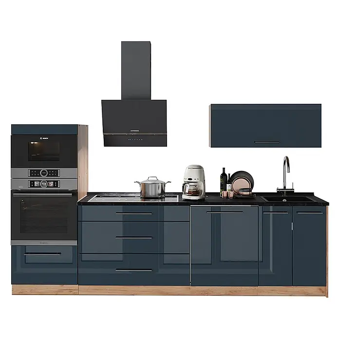 Vicco Küchenzeile - Breite: 280 cm, Dunkelblau Hochglanz, Ohne Elektrogeräte - Moderne Küche mit dunkelblauen Hochglanzschränken, Holzsockel, schwarzer Arbeitsplatte und integrierten Geräten.
