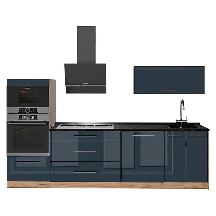 Vicco Küchenzeile - Breite: 280 cm, Dunkelblau Hochglanz, Ohne Elektrogeräte - Moderne marineblaue Küche mit Hochglanzschränken, schwarzer Arbeitsplatte, Einbaugeräten (Ofen, Mikrowelle, Kochfeld, Dunstabzug) und Spüle.