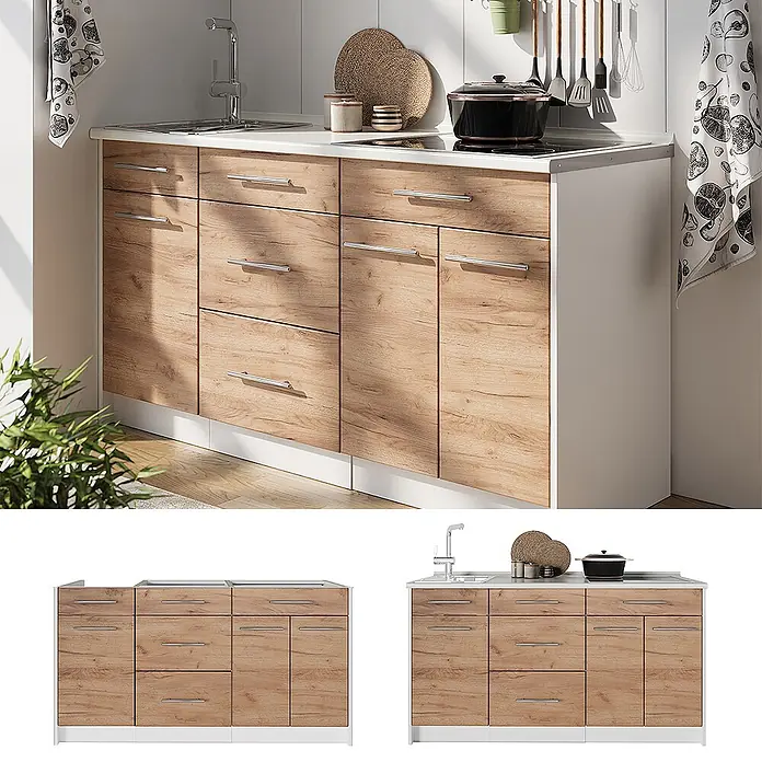 Vicco Küchenleerblock - Breite: 150 cm, Goldkraft Eiche - Küchenunterschrank-Set in Holzoptik mit weißem Rahmen, Spüle und Kochfeld, in einer hellen Küche.