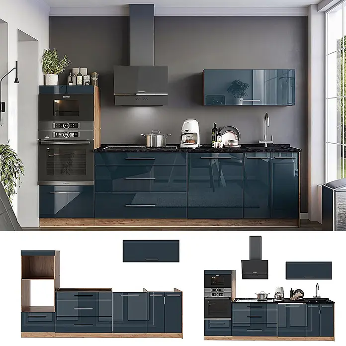 Vicco Küchenzeile - Breite: 280 cm, Dunkelblau Hochglanz, Ohne Elektrogeräte - Moderne, glänzende petrolblaue Küche mit integrierten Bosch-Geräten, schwarzer Arbeitsplatte und warmen Holzdetails.