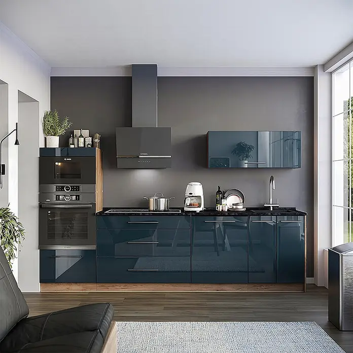 Vicco Küchenzeile - Breite: 280 cm, Dunkelblau Hochglanz, Ohne Elektrogeräte - Moderne Küche mit blau-grauen Schränken, schwarzer Arbeitsplatte, integrierten Öfen und Dunstabzugshaube.