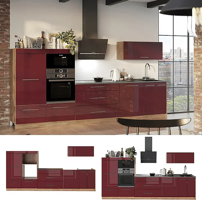 Vicco Küchenzeile - Bordeaux Hochglanz, Ohne Elektrogeräte - Moderne Hochglanzküche in Rot mit integrierten Geräten und hellen Holzdetails.