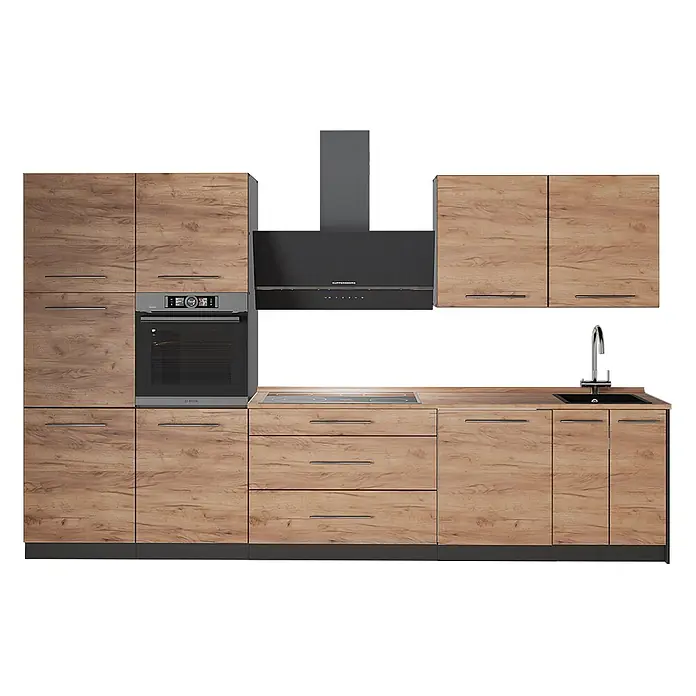 Vicco Küchenzeile - Goldkraft Eiche, Ohne Elektrogeräte - Moderne Modulküche mit hellen Holzmaserungsschränken, integriertem dunklem Ofen, Kochfeld, Dunstabzugshaube und Spüle mit Chromarmatur.