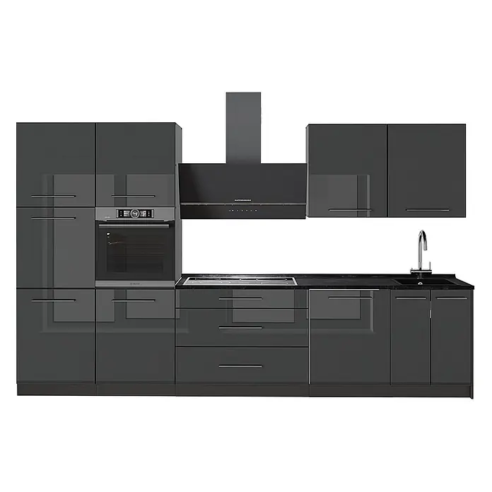 Vicco Küchenzeile - Anthrazit Hochglanz, Ohne Elektrogeräte - Moderne dunkelgraue Hochglanzküche mit integriertem Backofen, Kochfeld, Spüle und Schränken.