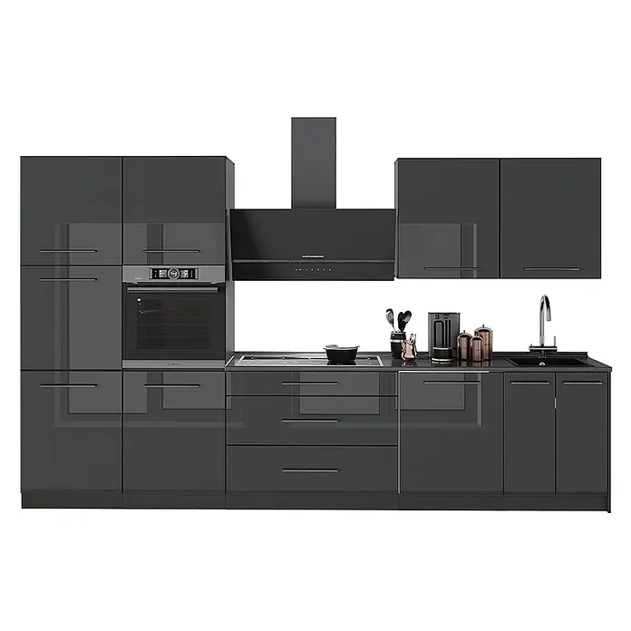 Vicco Küchenzeile - Anthrazit Hochglanz, Ohne Elektrogeräte - Moderne, dunkelgraue Hochglanzküche mit integriertem Backofen, Kochfeld, Spüle und Dunstabzugshaube.