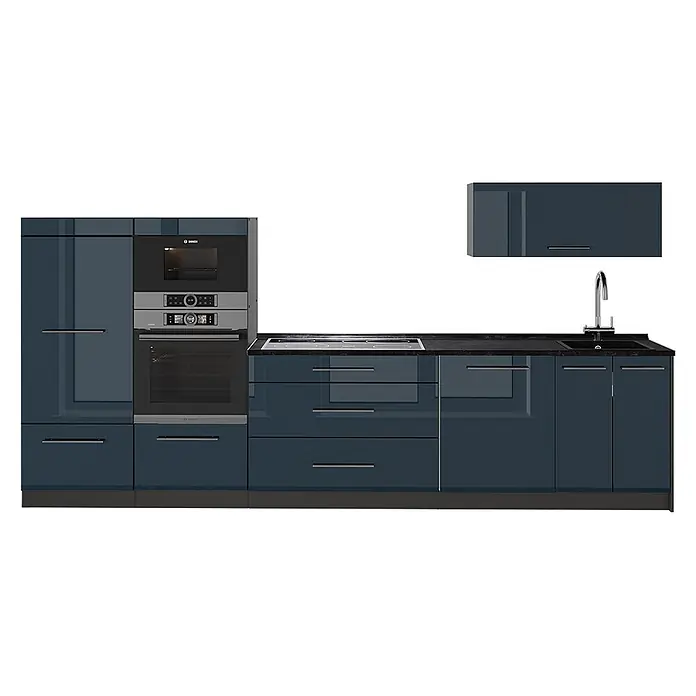Vicco Küchenzeile - Breite: 340 cm, Dunkelblau Hochglanz, Ohne Elektrogeräte - Moderne dunkelblaue Hochglanzküche mit integriertem Backofen, Mikrowelle, Kochfeld, Spüle und Wasserhahn, mit eleganten Griffen.