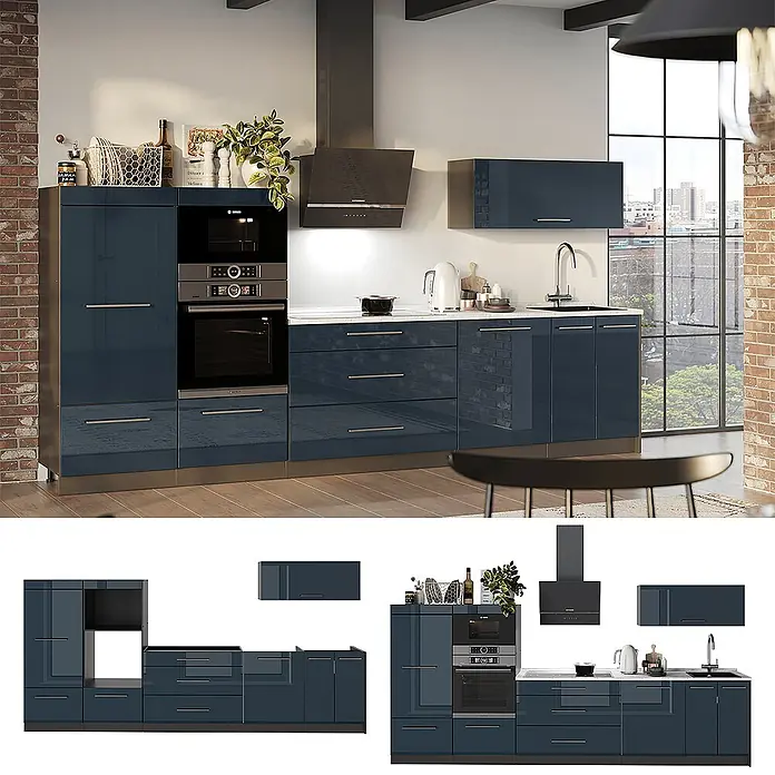 Vicco Küchenzeile - Breite: 340 cm, Dunkelblau Hochglanz, Ohne Elektrogeräte - Moderne dunkelblaue Hochglanz-Küchenschränke mit integrierten Geräten.