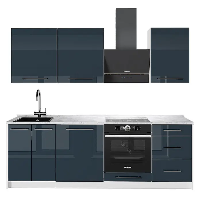 Vicco Küchenzeile - Breite: 230 cm, Dunkelblau Hochglanz, Ohne Elektrogeräte - Moderne modulare Küche mit glänzenden dunkelblauen Schränken, weißer Arbeitsplatte, Spüle, Induktionskochfeld, Backofen und Dunstabzugshaube.