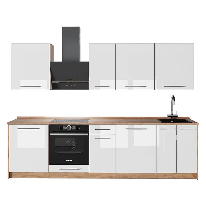 Vicco Küchenzeile - Weiß Hochglanz, Ohne Elektrogeräte - Moderne Küchenzeile mit weißen Hochglanzschränken, Holzarbeitsplatte, schwarzen Geräten (Kochfeld, Backofen, Spüle, Dunstabzug).