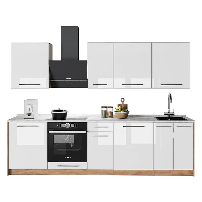 Vicco Küchenzeile - Weiß Hochglanz, Ohne Elektrogeräte - Weiße Hochglanzküche mit Holzsockel, integriertem schwarzem Backofen, Kochfeld, Spüle und Dunstabzugshaube. Ober- und Unterschränke.