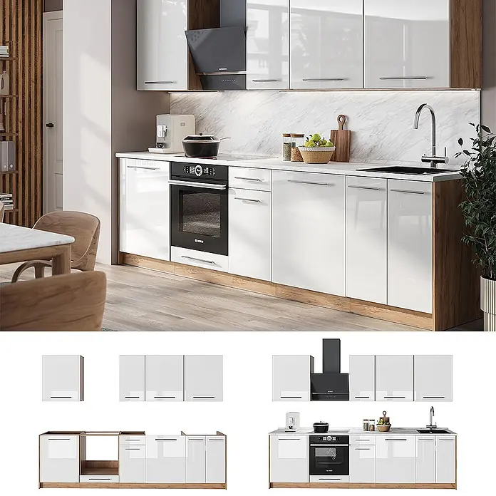 Vicco Küchenzeile - Weiß Hochglanz, Ohne Elektrogeräte - Moderne weiße Hochglanzküche mit Holzdetails, bestehend aus Unter- und Hängeschränken, integriertem Backofen und Spüle.