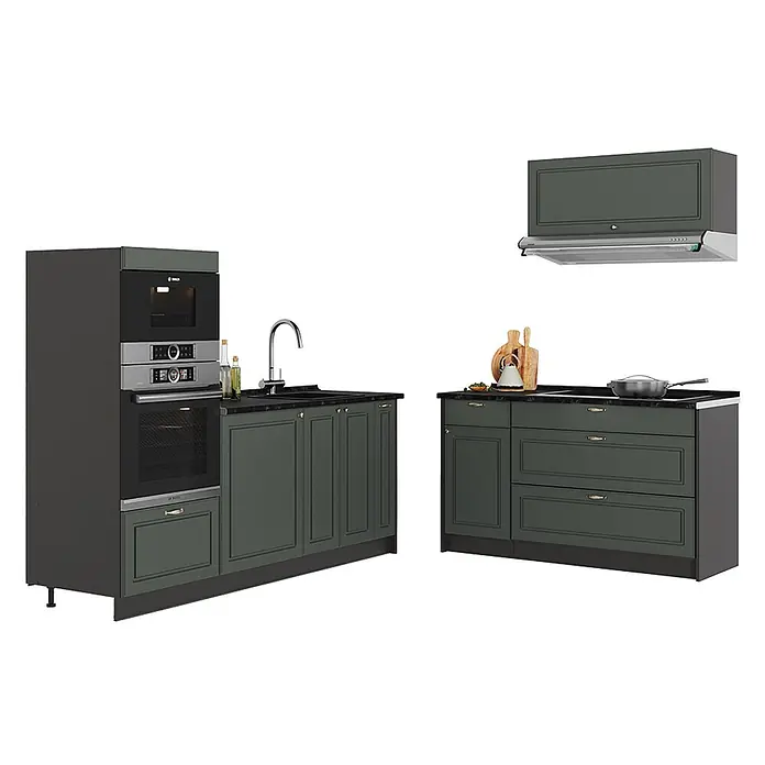 Vicco Küchenzeile - Breite: 340 cm, Grün-Gold Landhaus, Ohne Elektrogeräte - Dunkelgraue modulare Küchenzeile mit integriertem Bosch Backofen, Mikrowelle, Spüle und Kochfeld, inklusive Rahmenfronten und passender Dunstabzugshaube.