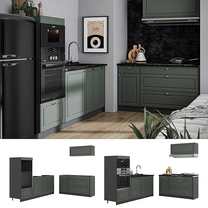 Vicco Küchenzeile - Breite: 340 cm, Grün-Gold Landhaus, Ohne Elektrogeräte - Modulare Küche mit dunkelgrünen Schränken, schwarzen Arbeitsplatten und integrierten Geräten in modernem Ambiente.